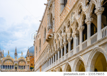 Ornamental decoration of Doges Palace, Italian: Palazzo Ducale, in Venice, Italy. 133579055