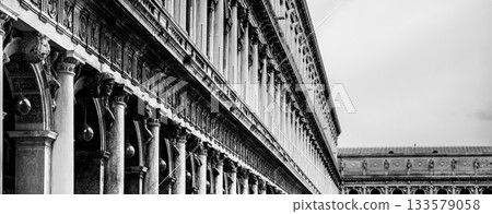 The intricate architectural features of the New Procuracies at Saint Mark's Square showcase stunning columns and meticulous craftsmanship, highlighting Venice's rich history and artistry. 133579058