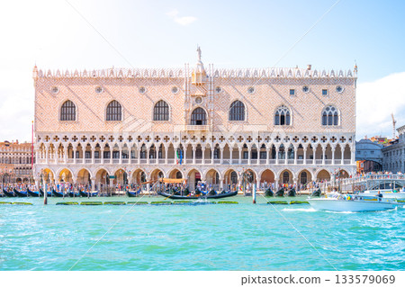 Doges Palace, Italian: Palazzo Ducale, view from boat in Venice, Italy. Doges Palace, Italian: Palazzo Ducale, view from boat in Venice, Italy. 133579069