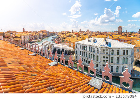 Rialto Bridge above Grand Canal. View from rooftop lookout terrace of the Fondaco dei Tedeschi. Venice, Italy Rialto Bridge above Grand Canal. View from rooftop lookout terrace of the Fondaco dei Tedeschi. Venice, Italy 133579084
