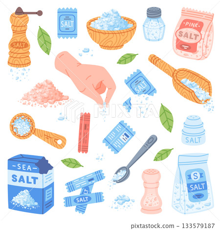Salt in Package and Shaker Used in Culinary Vector Set 133579187