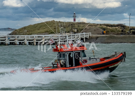 Nieuwpoort, West-Vlaanderen, Belgium, Ocotber 25th, 2025, emergency rescue vessel accelerates Nieuwpoort, West-Vlaanderen, Belgium, Ocotber 25th, 2025, emergency rescue vessel accelerates 133579199