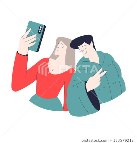 Man and Woman Romantic Couple Take Selfie Enjoy Love Story and Relationship Vector Illustration Man and Woman Romantic Couple Take Selfie Enjoy Love Story and Relationship Vector Illustration 133579212