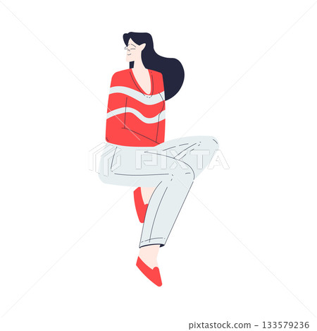 Happy Woman Character in Sitting Pose Smiling Vector Illustration 133579236