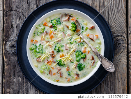 Sausage Vegetable Chowder, tasty thick creamy soup 133579442
