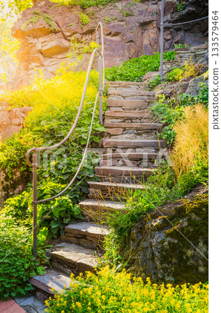 Beautiful lush green natural castle park on sunny summer day 133579464