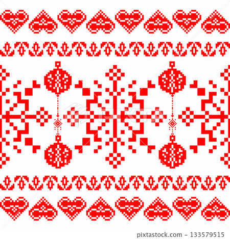 Seamless pixel art pattern in red and white with large snowflake,Christmas ornaments,heart border. Ideal for textile printing,ugly sweaters,holiday backgrounds,greeting cards,festive packaging design. Seamless pixel art pattern in red and white with large snowflake,Christmas ornaments,heart border. Ideal for textile printing,ugly sweaters,holiday backgrounds,greeting cards,festive packaging design. 133579515