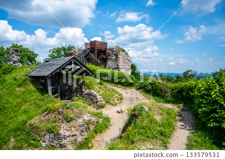 Wooden lookout platform on Kumburk Castle Ruins near Nova Paka, Czech Republic 133579531