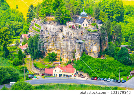 Aerial view of Sloup v Cechach Castle Ruins, Czech Republic Aerial view of Sloup v Cechach Castle Ruins, Czech Republic 133579543