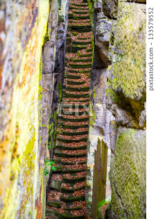 Visitors traverse the long, moss-covered staircase within the historic castle ruins of Sloup v Cechach, surrounded by ancient stone walls and autumn foliage. Visitors traverse the long, moss-covered staircase within the historic castle ruins of Sloup v Cechach, surrounded by ancient stone walls and autumn foliage. 133579552
