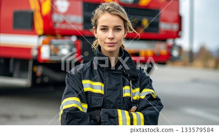 Firefighter Standing Proudly Near Firetruck Firefighter Standing Proudly Near Firetruck 133579584
