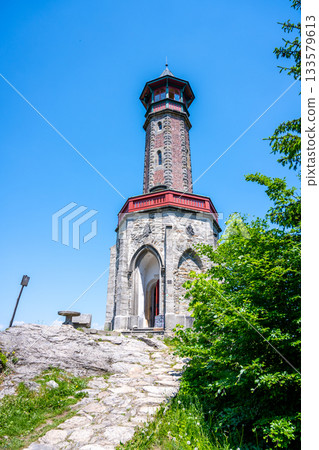 Stepanka lookout tower on Hvezda Mountain in Giant Mountains, Czech: Krkokose, Czech Republic 133579613