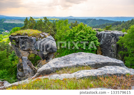 Rotstejn castle ruins as a part of sandstone rock formation, Bohemian Paradise, Czech: Cesky raj, Czech Republic 133579615