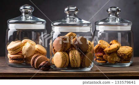 Macarons and cookies in glass jars on wood table 133579641