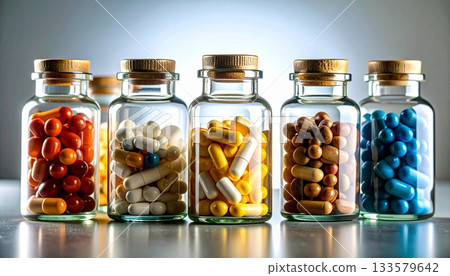 Glass Pill Jars Full of Colorful Medicine Capsules 133579642