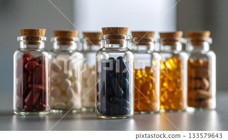 Assorted Vitamins in Glass Bottles with Corks Assorted Vitamins in Glass Bottles with Corks 133579643