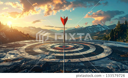 Arrow Hitting Center of Target in Mountain Landscape Arrow Hitting Center of Target in Mountain Landscape 133579726