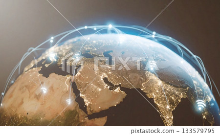 Digital Connection Around Earth Globe at Night Digital Connection Around Earth Globe at Night 133579795