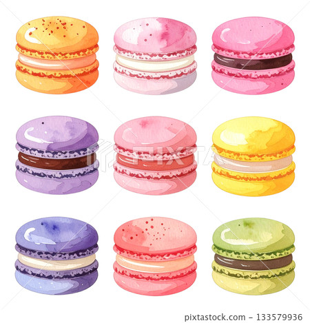 色彩鮮豔、可愛的水彩馬卡龍插畫 133579936