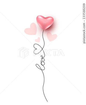 Love word with heart one line continuous shape vector illustration. Valentines Day background with heart balloon, flat hearts and line art design. Romantic pattern isolated in white 133580209