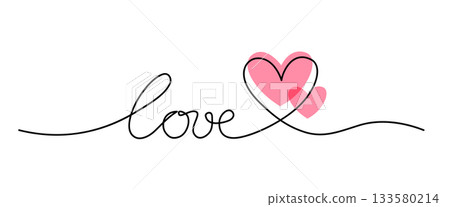 Love word with heart one line continuous shape vector illustration. Valentines Day background with two hearts and line art design. Romantic border isolated in white Love word with heart one line continuous shape vector illustration. Valentines Day background with two hearts and line art design. Romantic border isolated in white 133580214