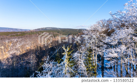 Northern slopes of Jizera Mountains beech forest. Lookout from Krasna Mari in winter. Czech Republic 133580522