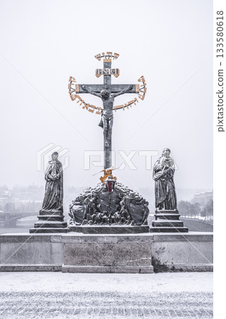 Statuary of the Holy Crucifix and Calvary on Charles Bridge in Prague, Czech Republic Statuary of the Holy Crucifix and Calvary on Charles Bridge in Prague, Czech Republic 133580618