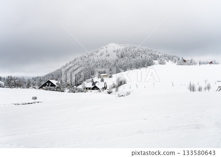 Winter in Jizera Mountains. Cloudy evening in Jizerka Village, Czech Republic 133580643
