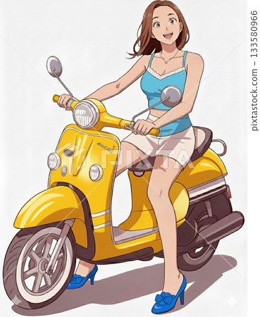 Woman riding a yellow scooter 133580966