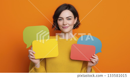 Young woman holding colorful speech bubble signs smiling with cheerful expression 133581015