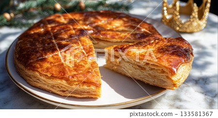 French Galette des Rois served on a plate with a slice removed, showcasing flaky pastry and golden crust 133581367