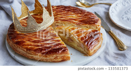 French Galette des Rois dessert with golden crown, showcasing flaky pastry and delicious filling 133581373