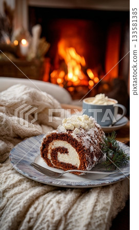 Slice of buche de noel on a cozy plate beside a warm fireplace, soft blanket draped nearby, creating a festive holiday atmosphere 133581385