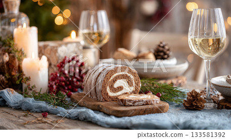 Festive table scene featuring a half-eaten buche de noel, candles, wine glasses, and holiday decorations creating a warm Christmas atmosphere 133581392