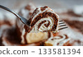 Macro photo of a fork lifting a slice of buche de noel, showcasing creamy swirls and rich chocolate textures, perfect for holiday dessert inspiration 133581394
