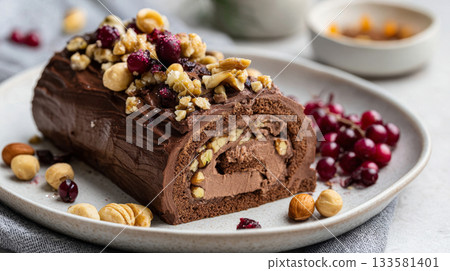 Vegan buche de noel topped with nuts and dried fruit, elegantly presented on a minimal plate with soft shadows and modern styling for holiday celebrations Vegan buche de noel topped with nuts and dried fruit, elegantly presented on a minimal plate with soft shadows and modern styling for holiday celebrations 133581401