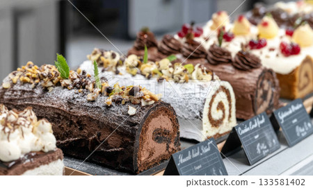 Assorted buche de noel flavors displayed on a bakery counter, showcasing festive holiday desserts in bright ambient light with modern presentation Assorted buche de noel flavors displayed on a bakery counter, showcasing festive holiday desserts in bright ambient light with modern presentation 133581402