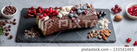 Buche de Noel on slate board with fresh berries and nuts, showcasing a festive holiday dessert in a minimalist composition for Christmas celebrations Buche de Noel on slate board with fresh berries and nuts, showcasing a festive holiday dessert in a minimalist composition for Christmas celebrations 133581403