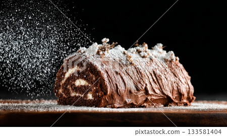 Classic chocolate buche de noel on a dark surface, dusted with powdered sugar, showcasing holiday elegance and festive culinary tradition Classic chocolate buche de noel on a dark surface, dusted with powdered sugar, showcasing holiday elegance and festive culinary tradition 133581404