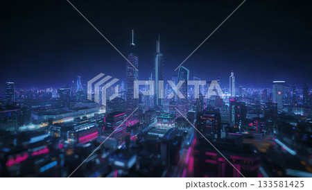 霓虹燈與LED燈交相輝映的賽博龐克夜景：未來的大都會與摩天大樓 133581425