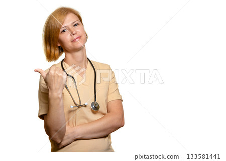 A female doctor, a medical worker, points her thumb behind her. 133581441