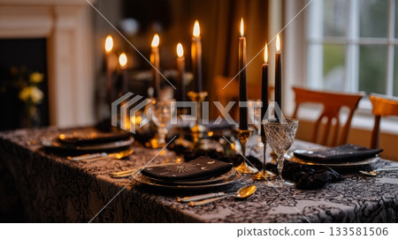 Elegant Gothmas table adorned with black lace tablecloth, gothic candles, and antique silver cutlery, creating a moody holiday atmosphere 133581506