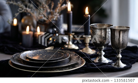 Antique silver goblets and celestial-themed plates arranged on a black velvet runner, creating a moody gothic holiday atmosphere 133581507