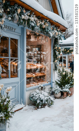 Alpine bakery bursts with holiday charm, showcasing delicious treats against a snowy backdrop in a cozy mountain village 133581529