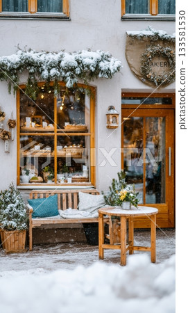 Charming winter bakery, adorned with snow and festive decor, invites travelers to savor local treats 133581530