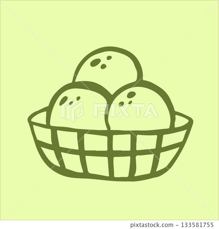 Three vibrant scoops of matcha green tea ice cream nestled in a charming striped bowl, placed on a soft, light green background. Three vibrant scoops of matcha green tea ice cream nestled in a charming striped bowl, placed on a soft, light green background. 133581755