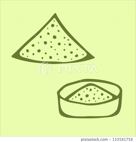 Vibrant matcha green tea powder, a loose pile and neatly presented in a small bowl, resting on a tranquil light green background. 133581758