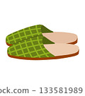 Checkered home slippers. Cozy accessory for autumn and winter. Flip flops for the bedroom. Comfortable and convenient object in doodle style 133581989