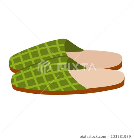 Checkered home slippers. Cozy accessory for autumn and winter. Flip flops for the bedroom. Comfortable and convenient object in doodle style 133581989