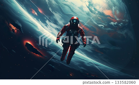 astronaut in space suit and helmet flying on orbit of far planet, cosmonaut orbiting Earth in cosmos, astronomy concept 133582060